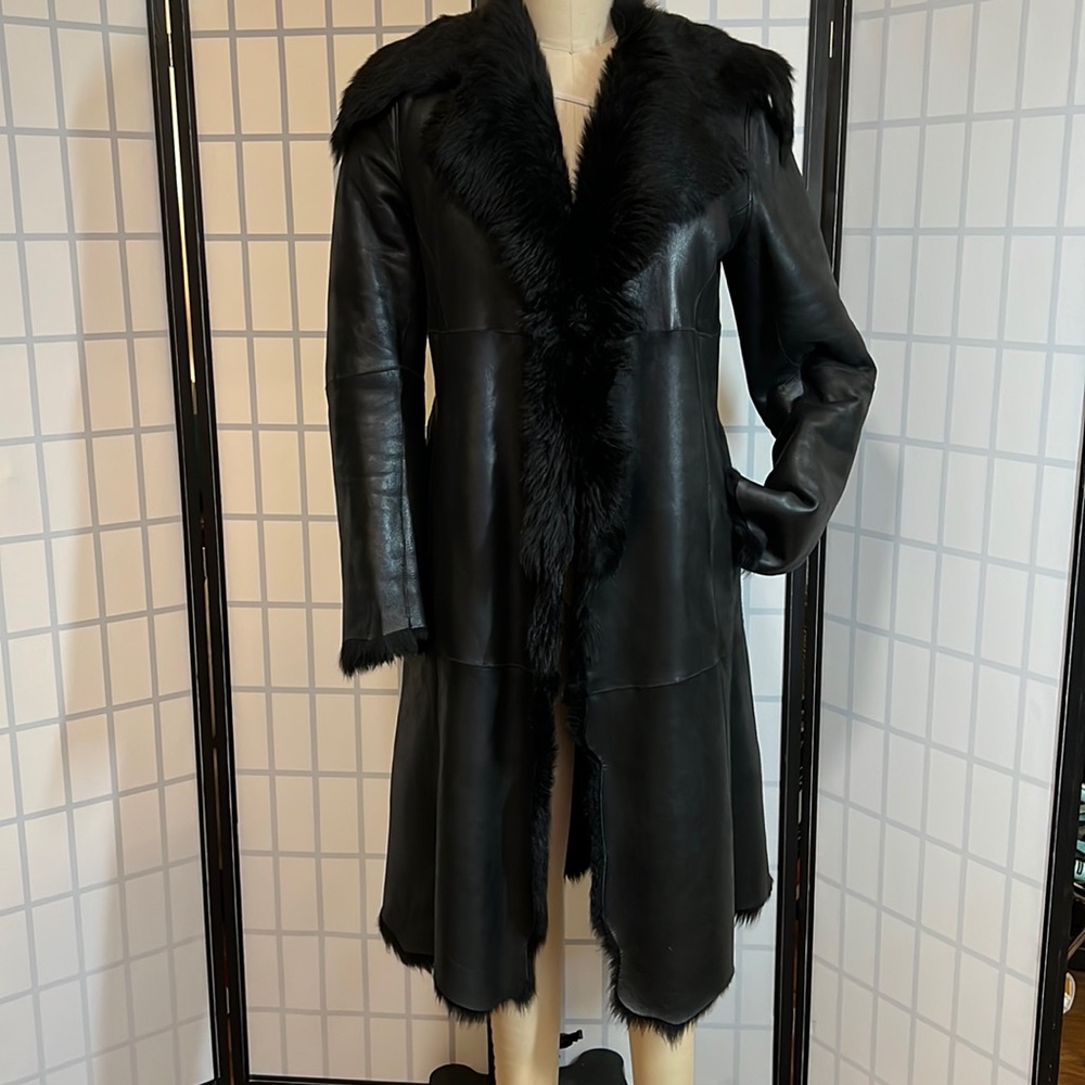 Kenneth Cole black shearing midi length coat
